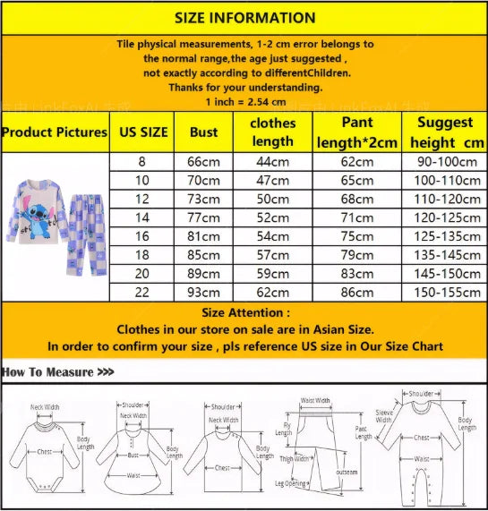 Kids Anime Stitch Pajamas 2pcs set for Boys Girls Home Wear Kids Casual Sleepwear Long Sleeve Pajamas Sets Suit Cute Gifts