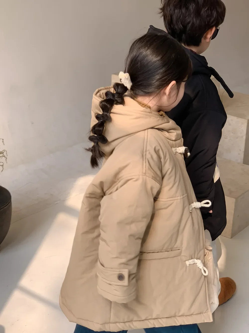 Winter Korean Children Boy Parkas Cotton Padded Thicken Hooded Toddler Boy Snowwear Coat Casual Solid Horn Button Kid Boy Jacket