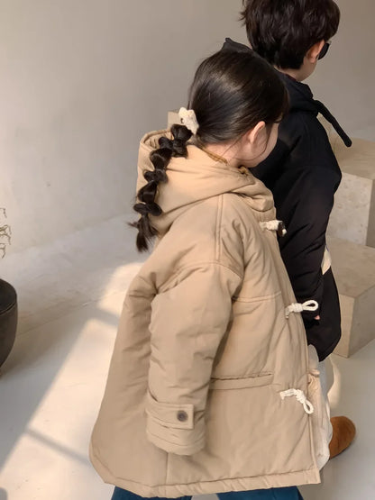 Winter Korean Children Boy Parkas Cotton Padded Thicken Hooded Toddler Boy Snowwear Coat Casual Solid Horn Button Kid Boy Jacket