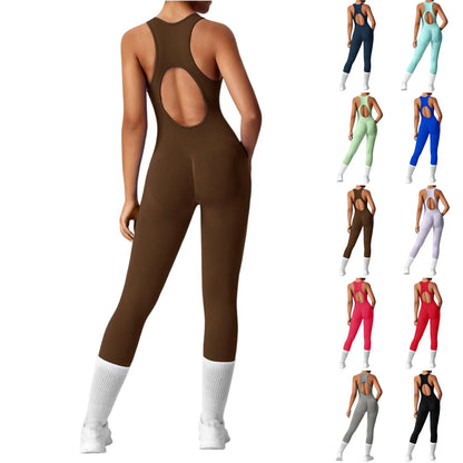 Women's Fashionable Solid Color Round Neck Tight Back Yoga Suit Yoga Jumpsuit Sports Overalls Gym Clothing Set Sexy Yoga Clothes