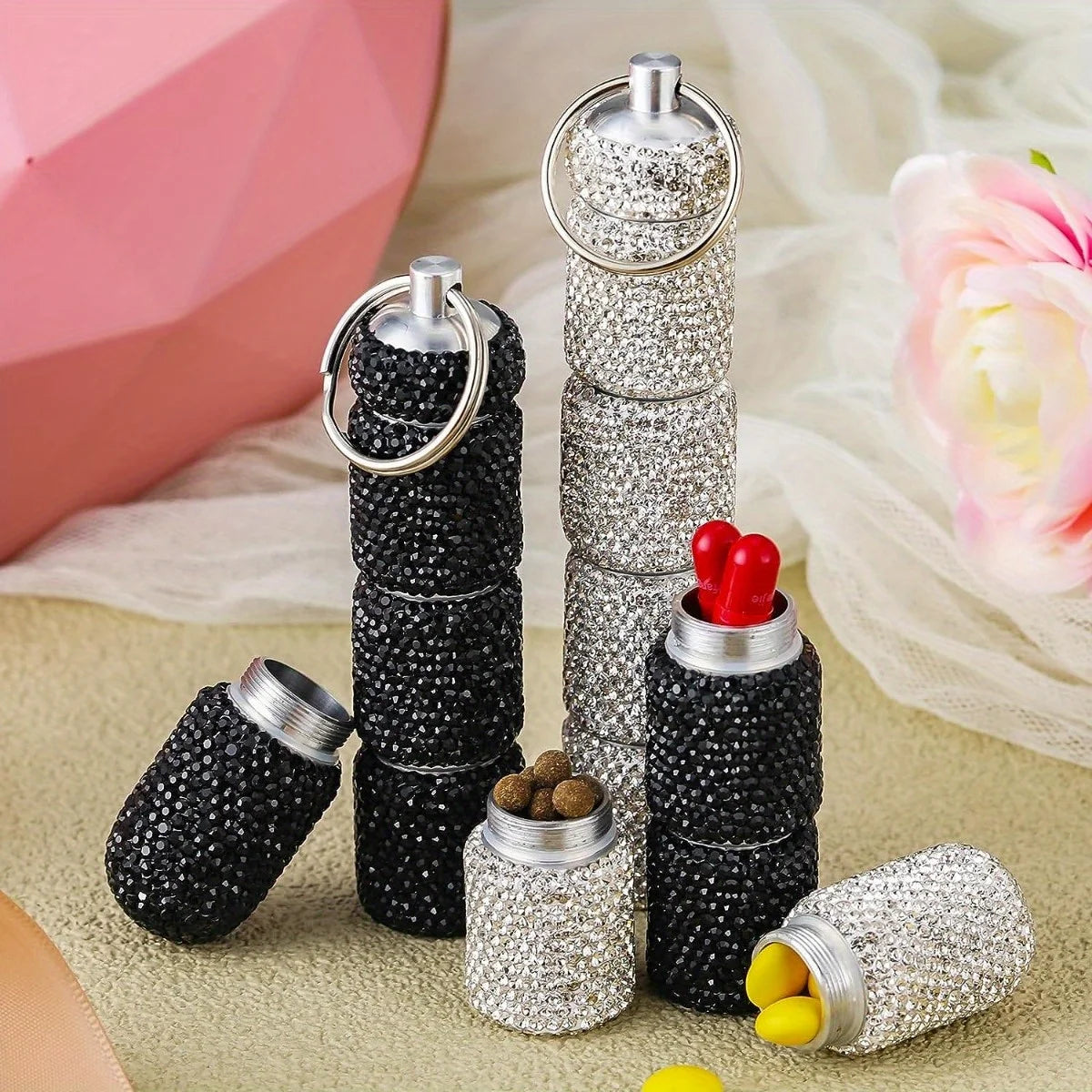 Metal Pill Organizer Portable Waterproof Travel Pill Box Rhinestone Large Bling Pill Case  Pill Box Pill Holder Bottle Storage