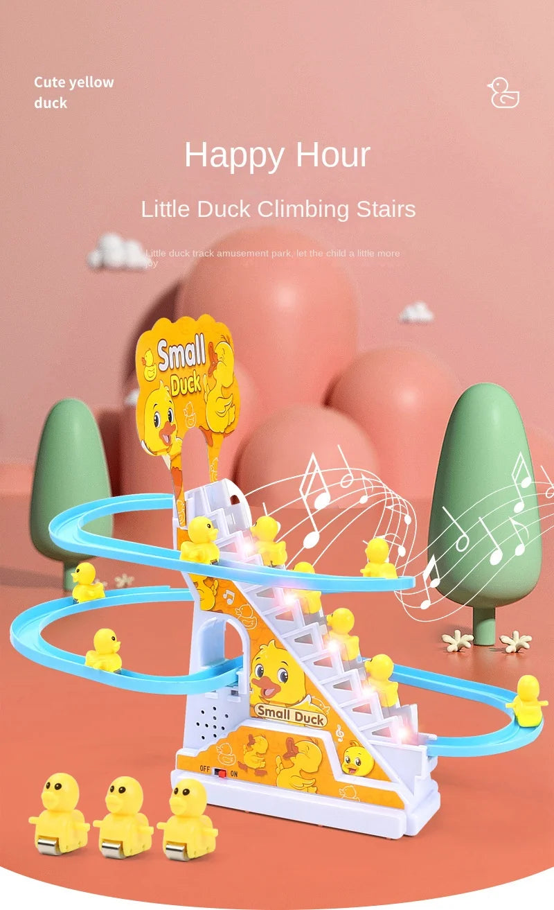 Electric Duck Track Rail Racing Slide Duckling Climbing Stairs Baby Toy LED Lights Musical Slide Roller Coaster Toys for Gift