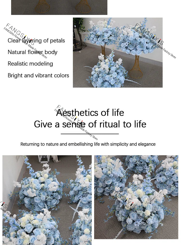 Baby blue rose delphinium Large Flower Ball Table CenterpieceEvent Wedding Decor Road Lead Artificial Floral Arrangement Bouquet