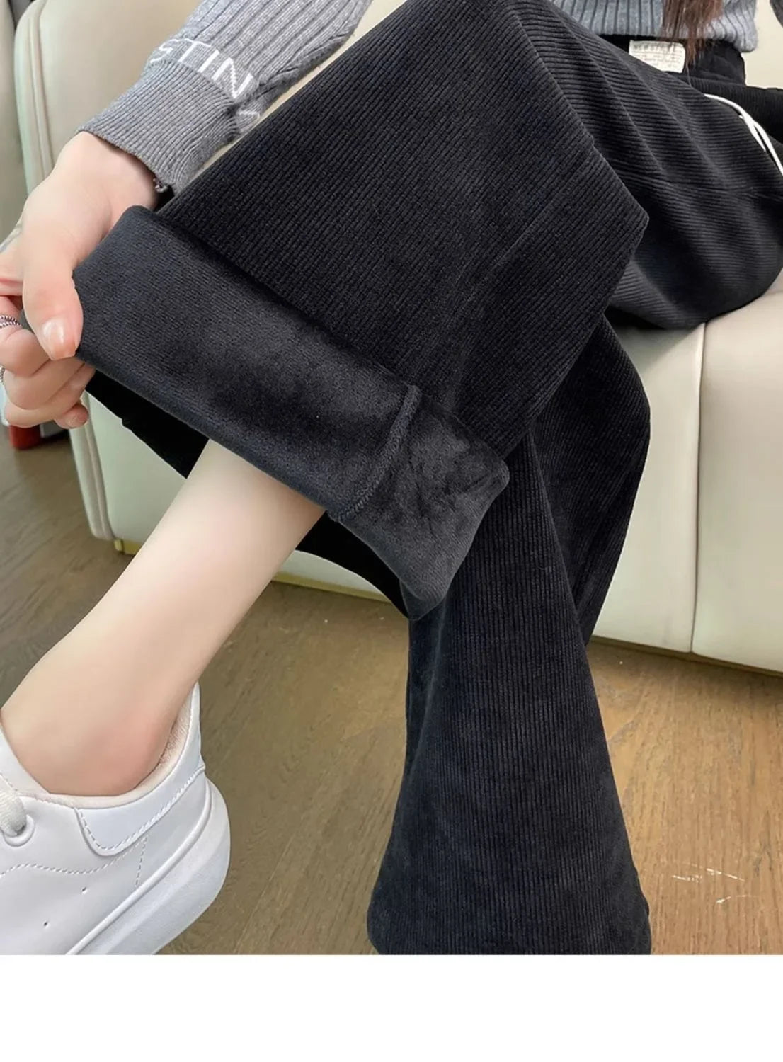 Thickened Corduroy Wide Leg Pants Women's Spring Autumn Fleece Lined Straight Narrow Version Winter Comfortable Trousers