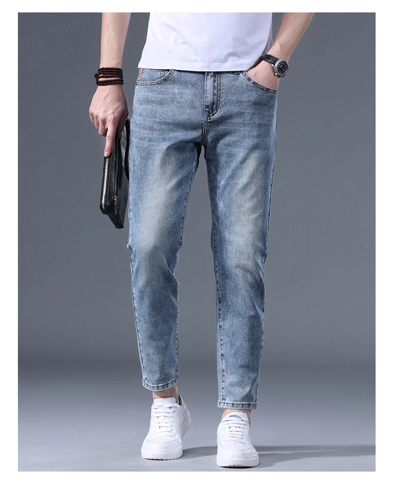 Classic five bag denim Ankle length Slim Fit Small Legs Skinny Men Stretch Jeans Vintage Men's Cropped  9 Points Retro Pants new