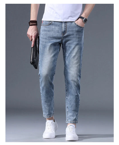 Classic five bag denim Ankle length Slim Fit Small Legs Skinny Men Stretch Jeans Vintage Men's Cropped  9 Points Retro Pants new