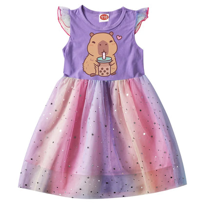 Capybara Clothes Kids Summer Short Sleeve Casual Dresses Baby Girls Lovely Capivara Dress Girl Birthday Gift Princess Vestidos