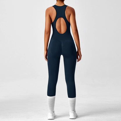 Women's Fashionable Solid Color Round Neck Tight Back Yoga Suit Yoga Jumpsuit Sports Overalls Gym Clothing Set Sexy Yoga Clothes