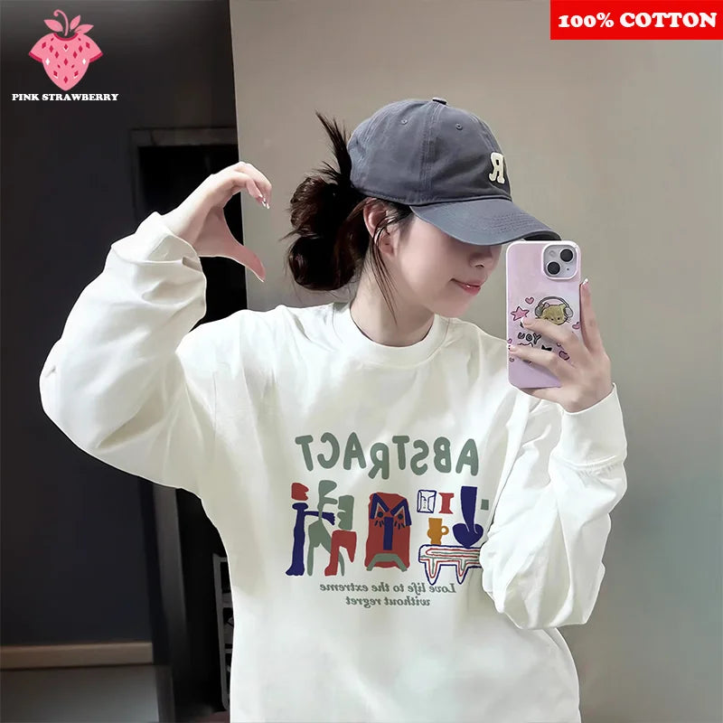 American Abstract Print T-shirt Women Autumn 2025 New 100% Cotton White Long sleeve T-shirt Loose Casual Y2k Top Female clothing