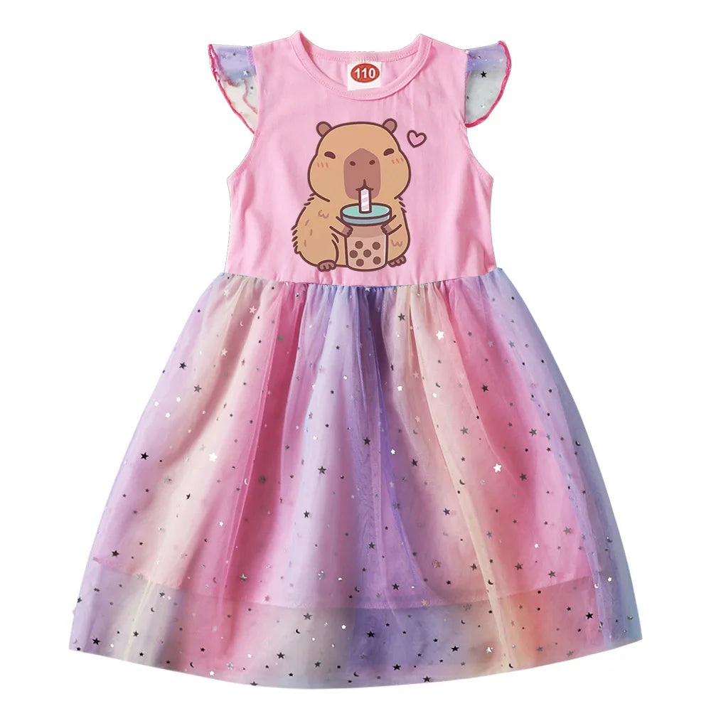 Capybara Clothes Kids Summer Short Sleeve Casual Dresses Baby Girls Lovely Capivara Dress Girl Birthday Gift Princess Vestidos