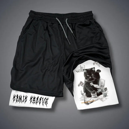 Men 2 in 1 Sports Shorts Gothic Pattern Short Pants Fitness Running Pant Sportswear Casual Shorts Summer Drawstring Jogging Pant