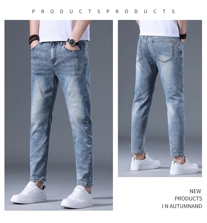 Classic five bag denim Ankle length Slim Fit Small Legs Skinny Men Stretch Jeans Vintage Men's Cropped  9 Points Retro Pants new
