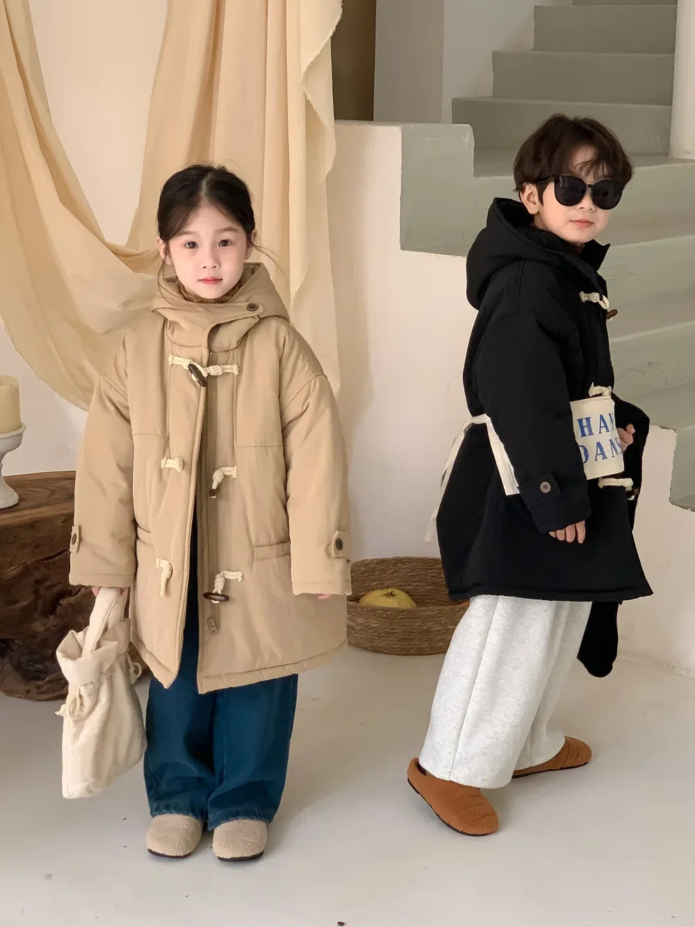 Winter Korean Children Boy Parkas Cotton Padded Thicken Hooded Toddler Boy Snowwear Coat Casual Solid Horn Button Kid Boy Jacket