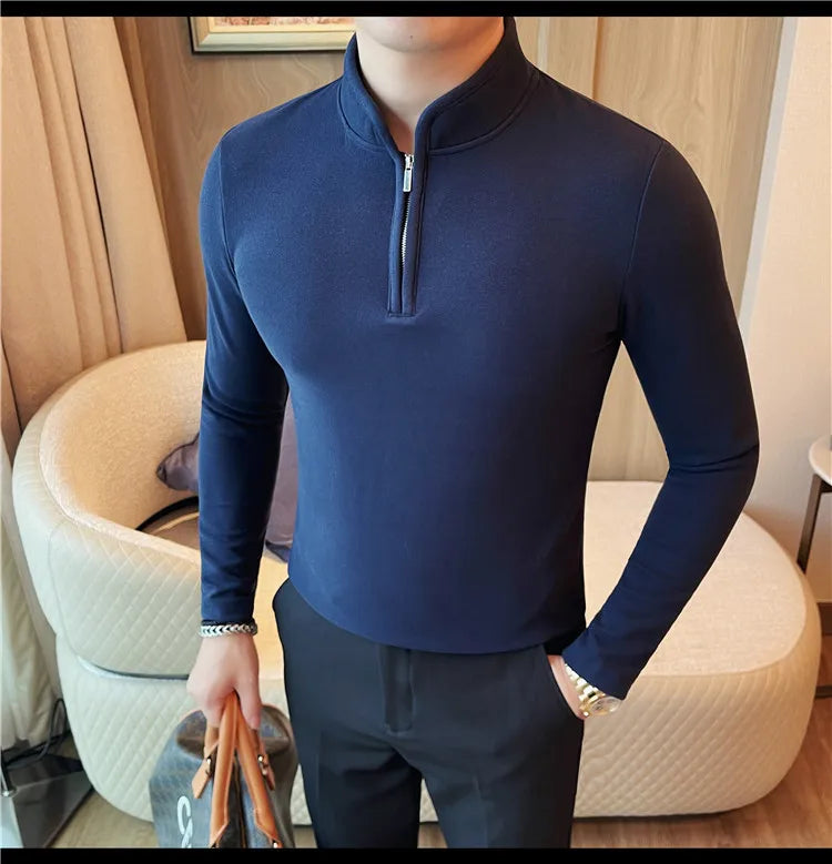 Men's Half Zipper Long Sleeved T-shirt Autumn Winter New Pure Color Thicken Slim Fit Elastic Fashionable Versatile T-Shirt