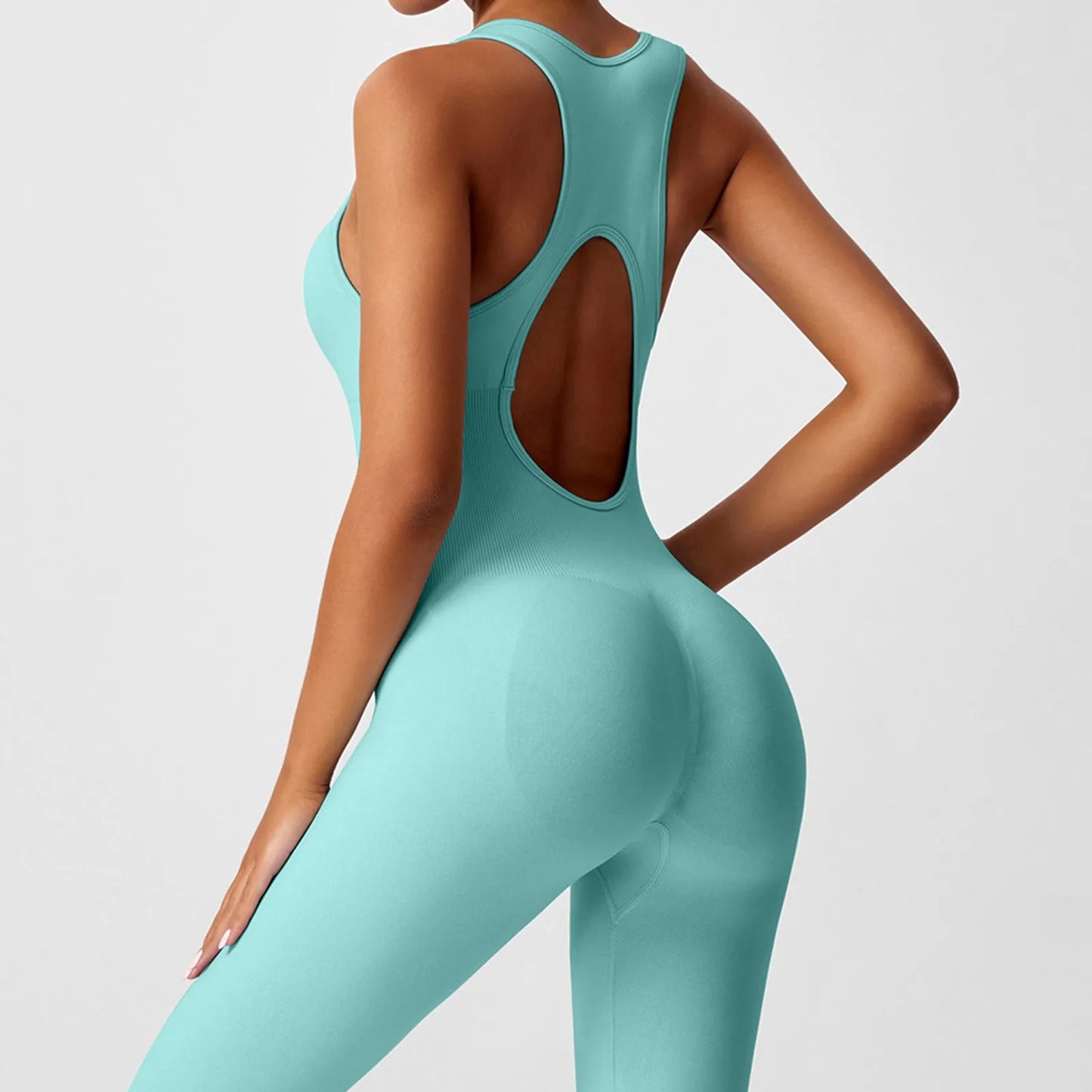 Women's Fashionable Solid Color Round Neck Tight Back Yoga Suit Yoga Jumpsuit Sports Overalls Gym Clothing Set Sexy Yoga Clothes