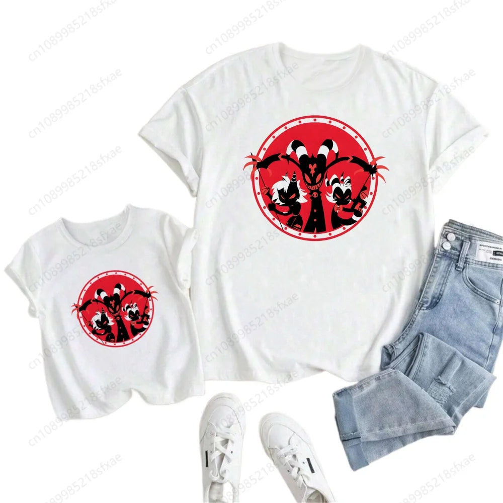 Kids White Tshirt Girls Boys Summer Tops Cartoon Printed Helluva Boss Casual Short Sleeve Kids Baby T-shirt Children Clothes