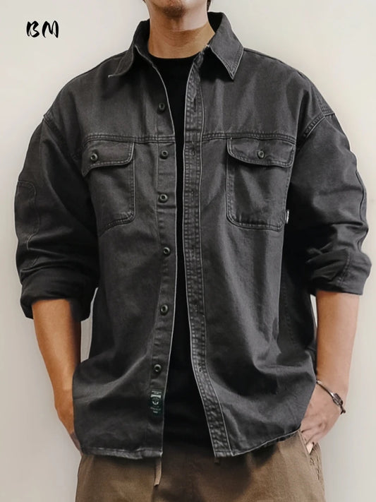‌Japanese Vintage Washed Work Shirt For Men Heavyweight Twill Cotton Long Sleeve Oversized Distressed Casual High Quality Top