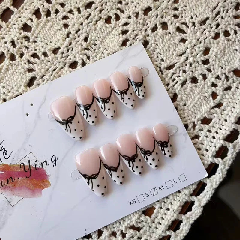 10PCS Design Handmade Press on Nails Full Cover Acrylic Fake Nails Medium-length Oval Reusable Artificial French Elegant Nails