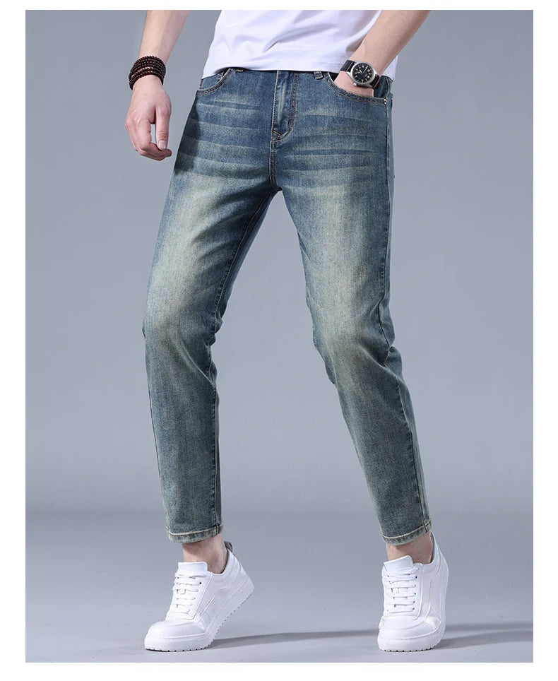 Classic five bag denim Ankle length Slim Fit Small Legs Skinny Men Stretch Jeans Vintage Men's Cropped  9 Points Retro Pants new