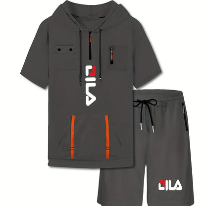 Summer Print Men's 2-piece Set Hooded Streamer Pocket Short Sleeve and Trouble Shorts Comfortable Loose T-Shirt Short Sleeve Set