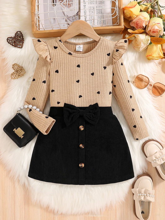 2-Piece Set for Girls in Spring and Autumn: Fashionable and Elegant Skirt Set for Young Girls, Featuring a Round-Neck Ribbed Lace-Trimmed Flutter-Sleeve Top with Heart and Polka Dot Print Long Sleeves + Black Skirt Set with B