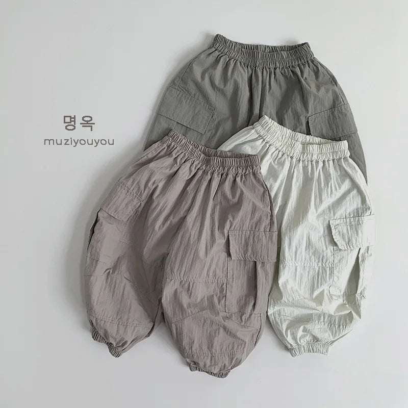 2025 Summer New Children Casual Pants Vintage Girls Cargo Pants Solid Boys Trousers Thin Cotton Kids Mosquito Pants Baby Clothes