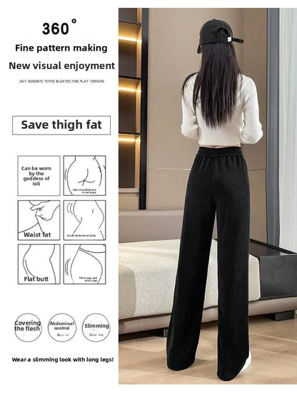 Thickened Corduroy Wide Leg Pants Women's Spring Autumn Fleece Lined Straight Narrow Version Winter Comfortable Trousers