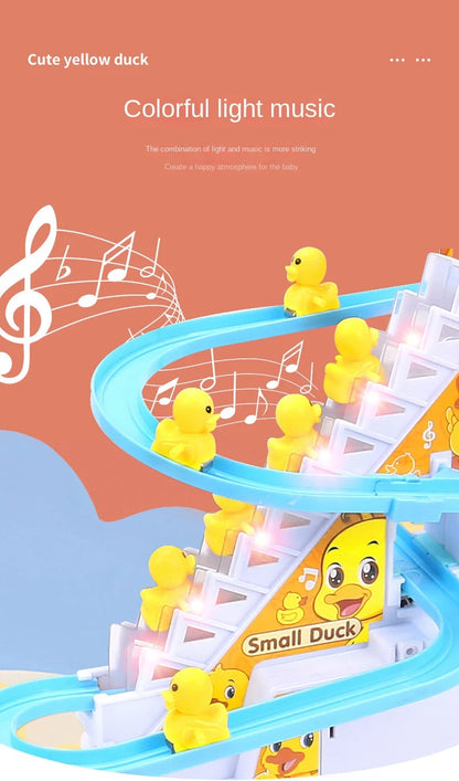 Electric Duck Track Rail Racing Slide Duckling Climbing Stairs Baby Toy LED Lights Musical Slide Roller Coaster Toys for Gift
