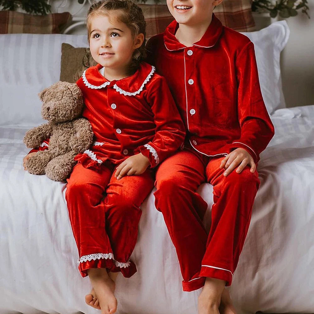 2025 Custom Christmas Pyjamas For Family Red Velvet Warm Kids Sets Boy Girl Clothes Xmas Set Children Costume Casual Homewear