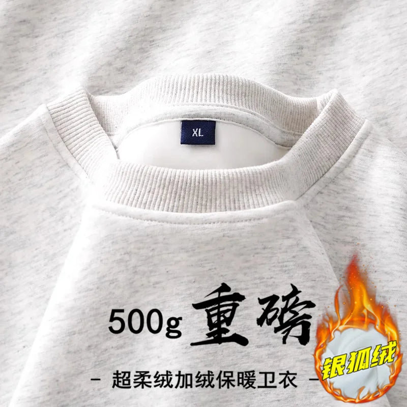 Navy Blue 500g Heavy Round Neck Sweater Men's Autumn and Winter Velvet Thickened Pullover Couple Loose American Top Women