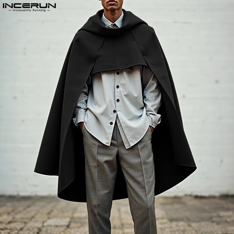 INCERUN Men Cloak Cape Solid Color Loose Casual Male Irregular Trench Streetwear 2025 Fashion Coats Long Style Ponchos Men