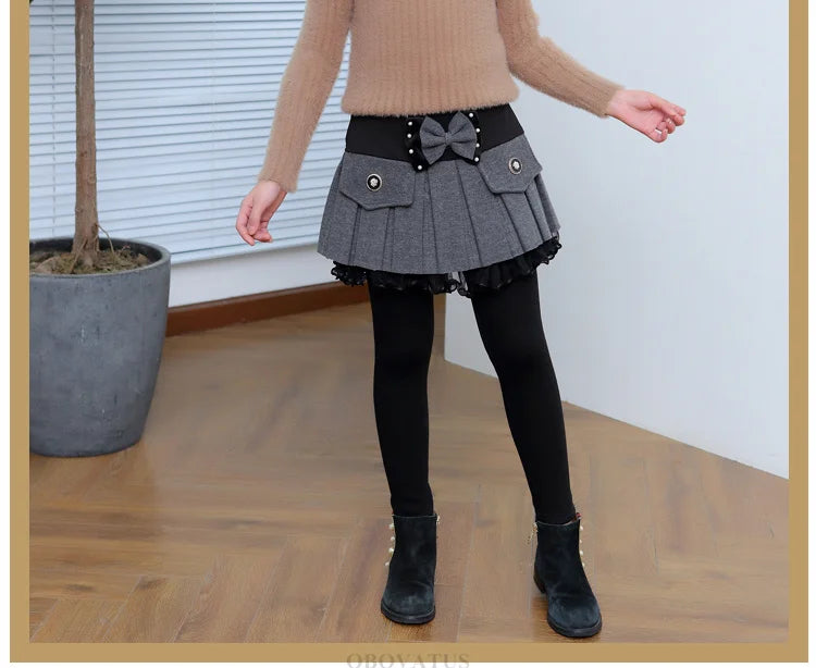 Children Winter Warm Leggings with Skirt For Girls Insulated SKinny Pants-Skirt With Bow Skirtpants Kids Baby Culottes Pants