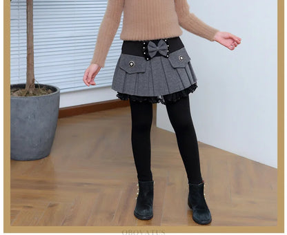 Children Winter Warm Leggings with Skirt For Girls Insulated SKinny Pants-Skirt With Bow Skirtpants Kids Baby Culottes Pants