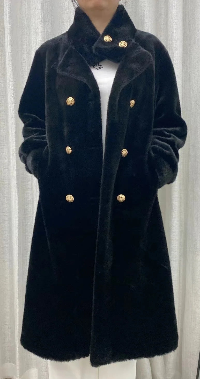 Faux fur coat long coat women's lapel double-breasted loose warm high-end atmospheric coat jacket 24 autumn and winter new