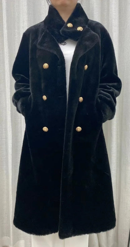 Faux fur coat long coat women's lapel double-breasted loose warm high-end atmospheric coat jacket 24 autumn and winter new