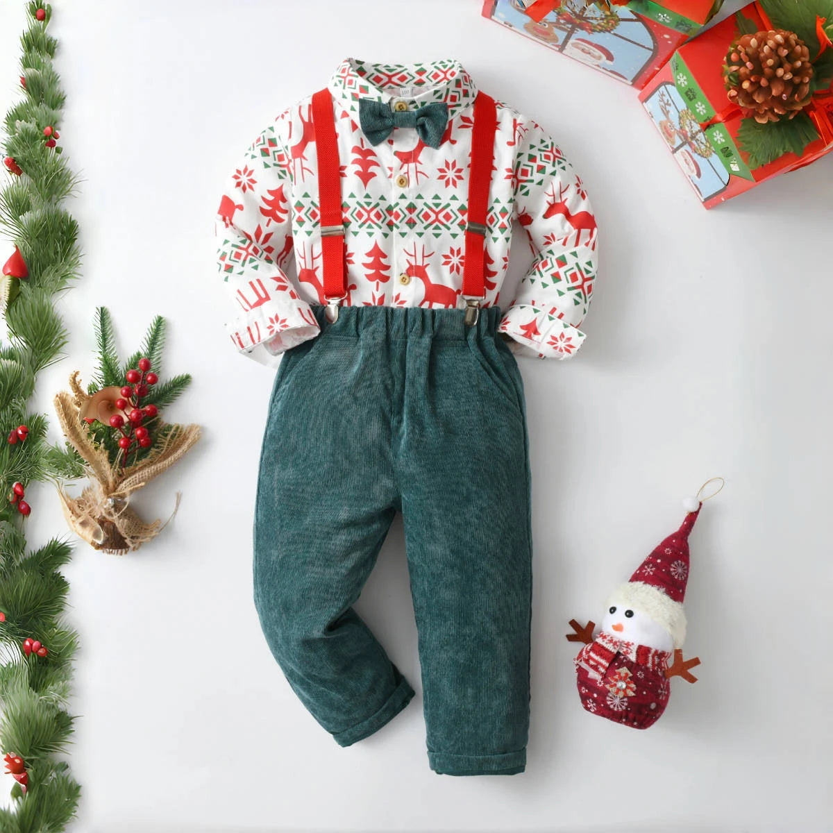 Boys' Christmas Print Set Children Boutique Clothing Suit 1-6 Years Baby Infant Green Corduroy Pants Outfit Festival Costume