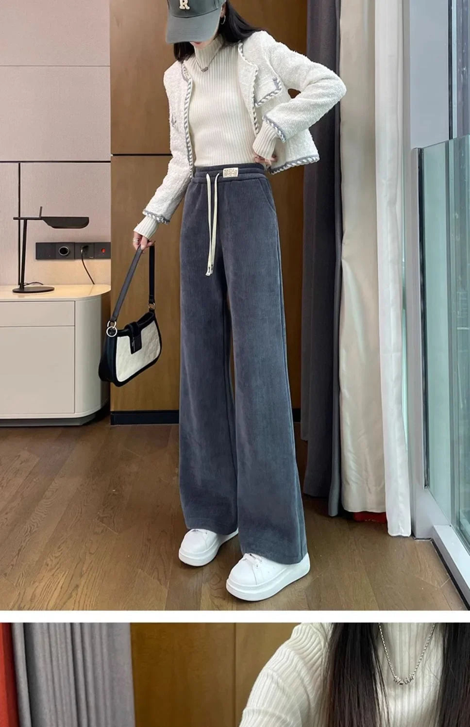 Thickened Corduroy Wide Leg Pants Women's Spring Autumn Fleece Lined Straight Narrow Version Winter Comfortable Trousers