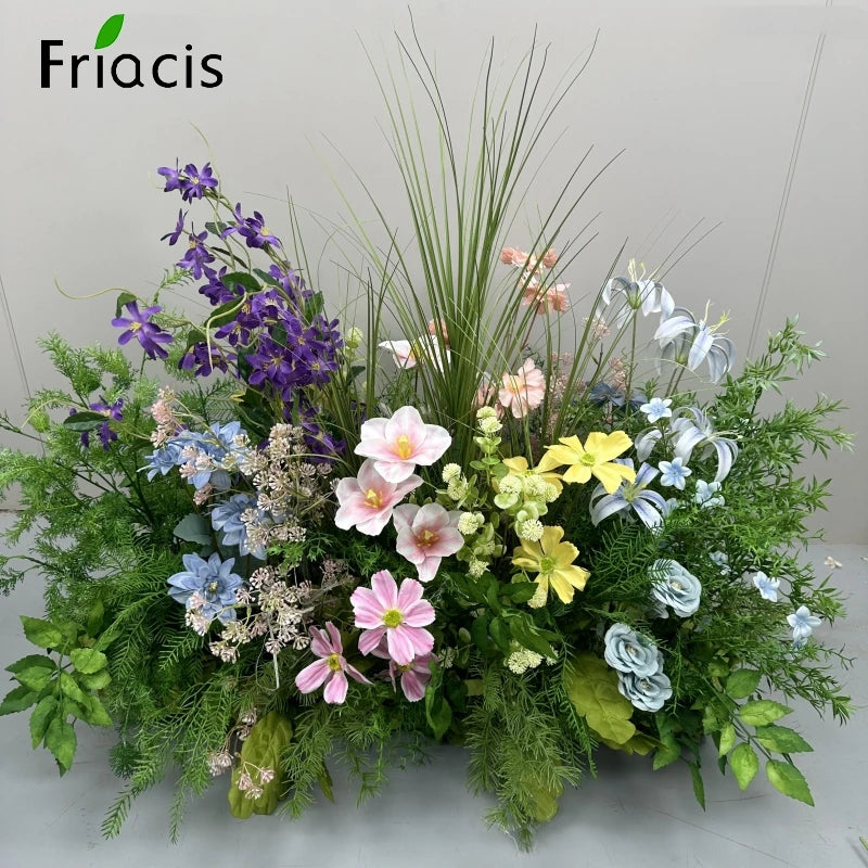 Green Plants Leaf Rose Flower Row Wedding Silk Table Floral Commercial Plaza Partition Hotel Scene Layout Floor Flowers Decor