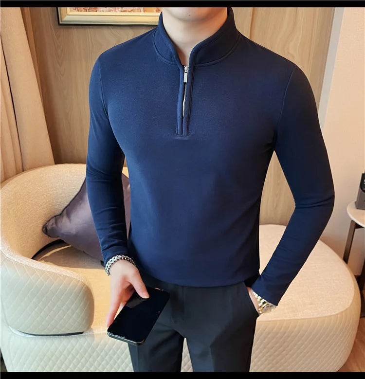 Men's Half Zipper Long Sleeved T-shirt Autumn Winter New Pure Color Thicken Slim Fit Elastic Fashionable Versatile T-Shirt