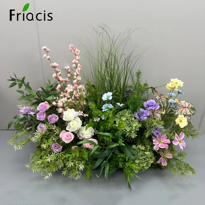 Green Plants Leaf Rose Flower Row Wedding Silk Table Floral Commercial Plaza Partition Hotel Scene Layout Floor Flowers Decor