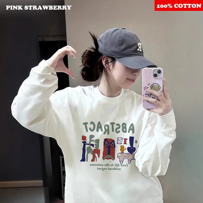 American Abstract Print T-shirt Women Autumn 2025 New 100% Cotton White Long sleeve T-shirt Loose Casual Y2k Top Female clothing