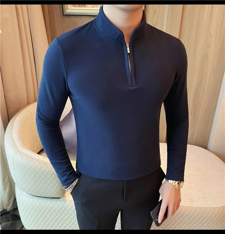 Men's Half Zipper Long Sleeved T-shirt Autumn Winter New Pure Color Thicken Slim Fit Elastic Fashionable Versatile T-Shirt