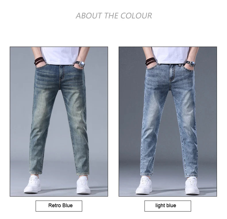 Classic five bag denim Ankle length Slim Fit Small Legs Skinny Men Stretch Jeans Vintage Men's Cropped  9 Points Retro Pants new