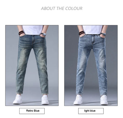 Classic five bag denim Ankle length Slim Fit Small Legs Skinny Men Stretch Jeans Vintage Men's Cropped  9 Points Retro Pants new