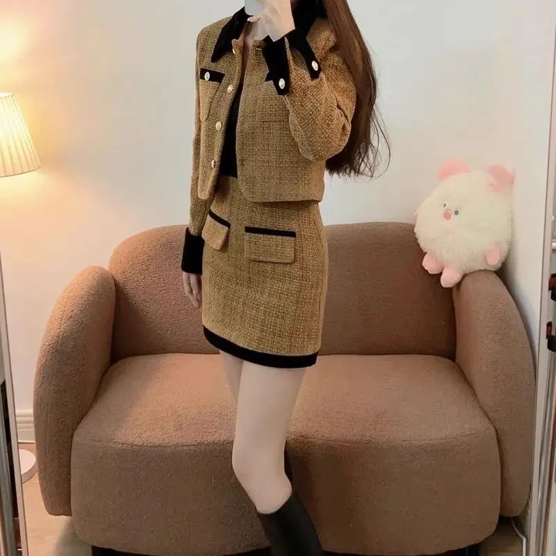 2025 Luxe Tweed Set Women Fall Winter Tailored Jacket  Pencil Skirt Lace Trim