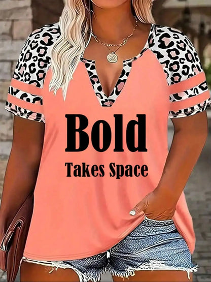 Plus size women's V-neck letter printed vacancies sleeve leopard striped top loose casual short-sleeved T-shirt