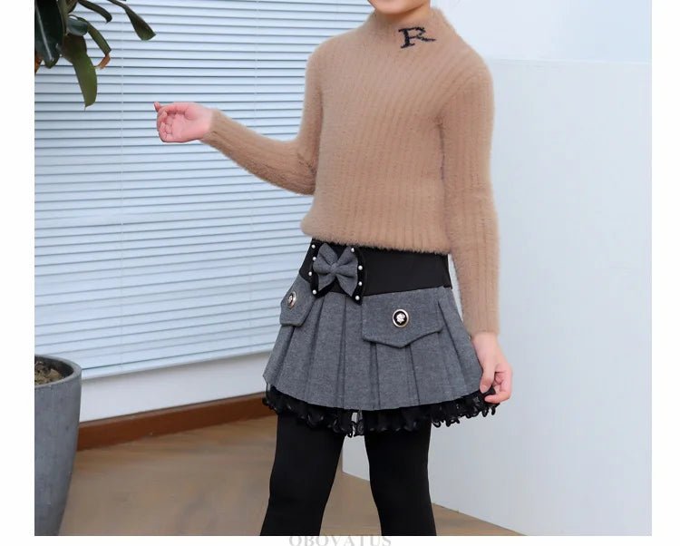 Children Winter Warm Leggings with Skirt For Girls Insulated SKinny Pants-Skirt With Bow Skirtpants Kids Baby Culottes Pants