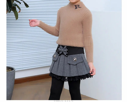 Children Winter Warm Leggings with Skirt For Girls Insulated SKinny Pants-Skirt With Bow Skirtpants Kids Baby Culottes Pants