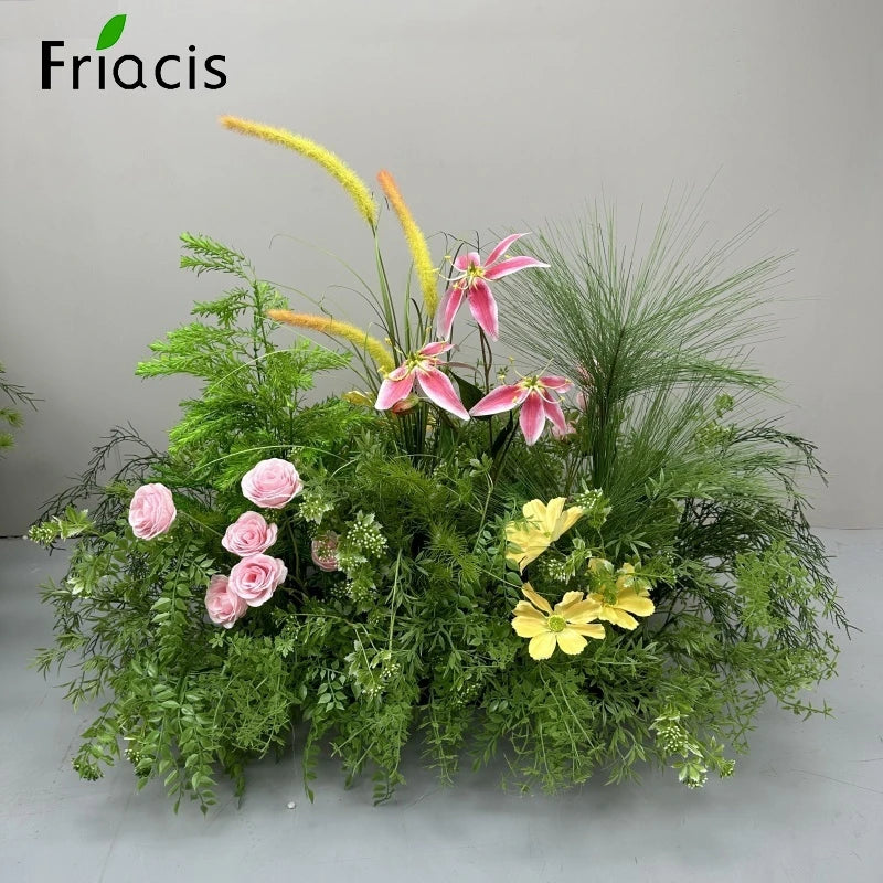 Green Plants Leaf Rose Flower Row Wedding Silk Table Floral Commercial Plaza Partition Hotel Scene Layout Floor Flowers Decor