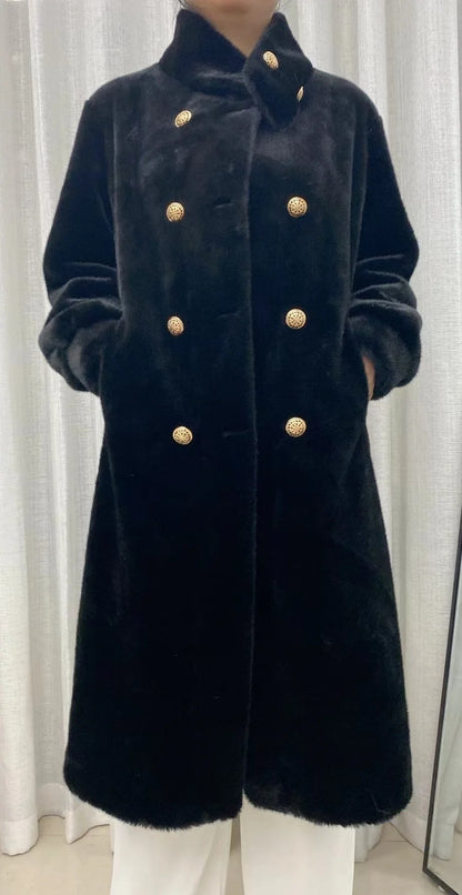 Faux fur coat long coat women's lapel double-breasted loose warm high-end atmospheric coat jacket 24 autumn and winter new